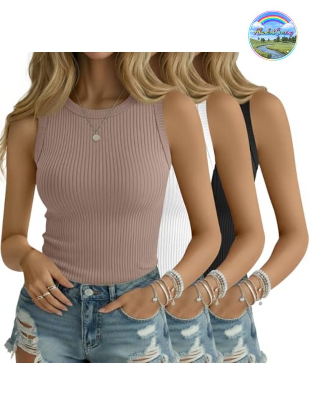Women's Cotton Ribbed Tank Tops 3-Pack Sleeveless Crew Neck